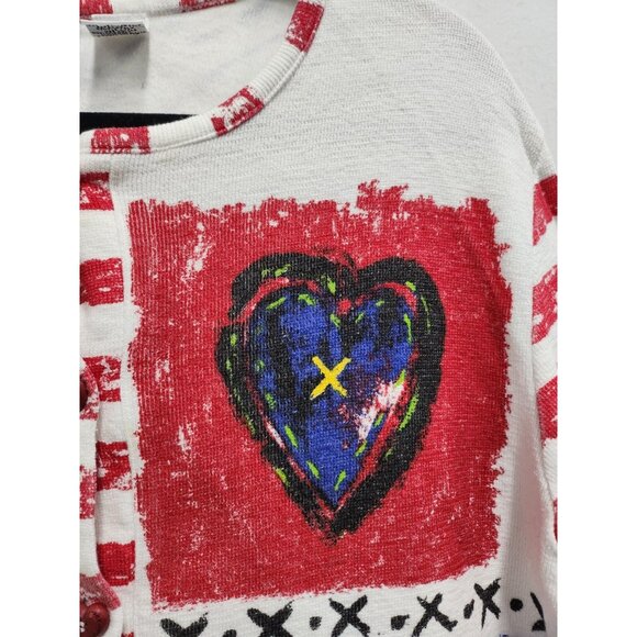 VTG 90s Sportelle Womens Wearable Art Cardigan Medium Heart Print Button Front - Picture 3 of 9